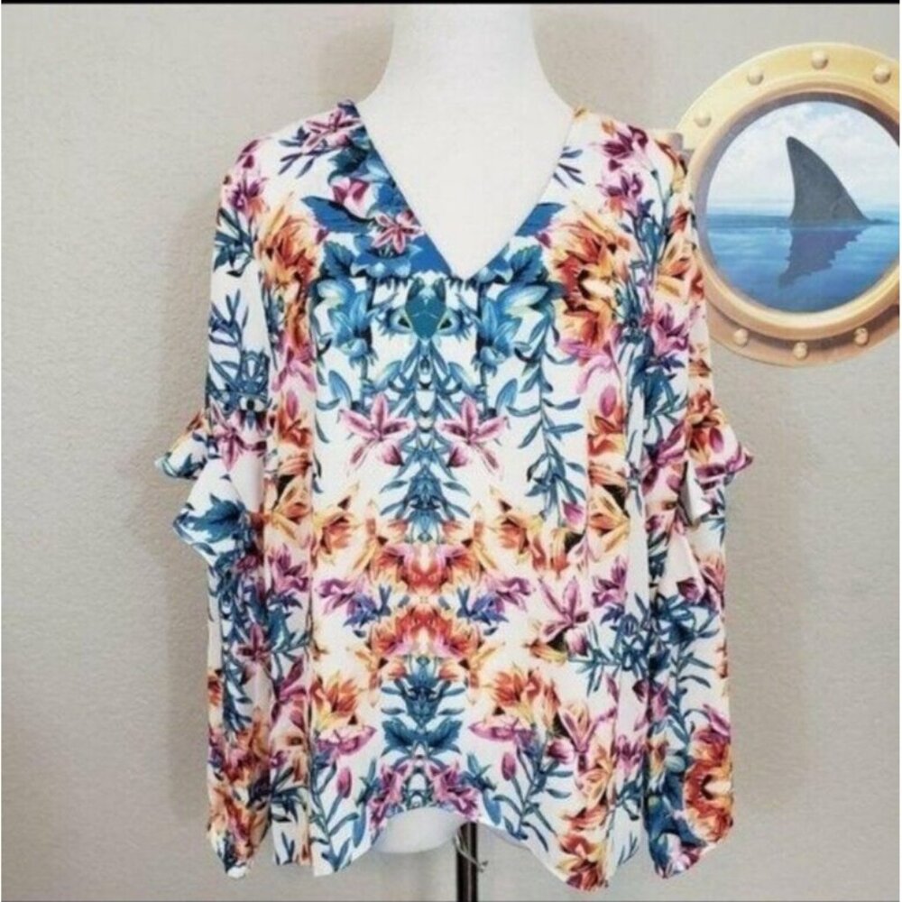 Nicole Miller floral‎ print colorful blouse Ruffle lightweight size M